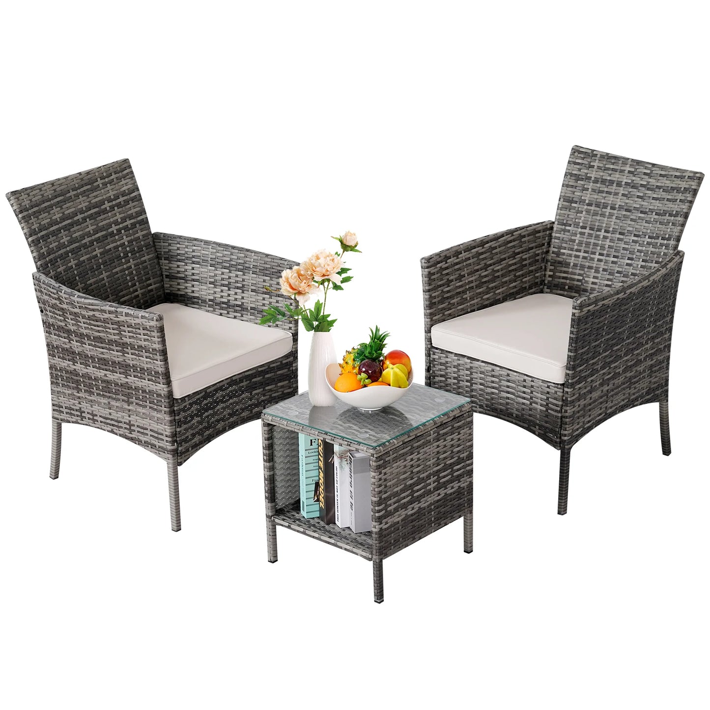 3-Piece Bistro Set Outdoor Patio Furniture Rattan Chairs Table Soft Cmats Tempered Glass Durable Comfortable Garden