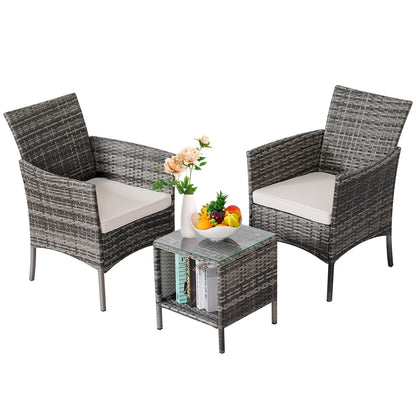 3-Piece Bistro Set Outdoor Patio Furniture Rattan Chairs Table Soft Cmats Tempered Glass Durable Comfortable Garden