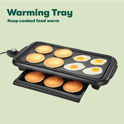 Electric Smokeless Indoor Grill Nonstick Griddle with Warming Tray Adjustable Temperature Cool Touch Handles PFOA PTFE
