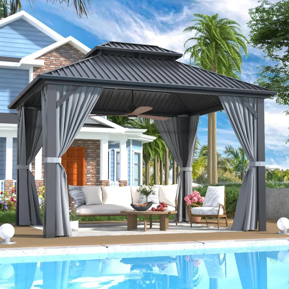 Aluminum Framed Hardtop Gazebo with Double Galvanized Steel Roof, Curtains, and Netting
