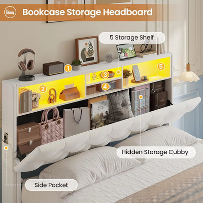 Modern Velvet Platform Bed with LED Lights, Storage Drawers, and Charging Station in Creamy White