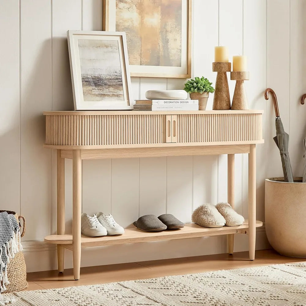 Fluted Console Table with Storage, Entryway Table Wood Entrance Tables for Front Door, Behind Couch Sofa Table with Shelves