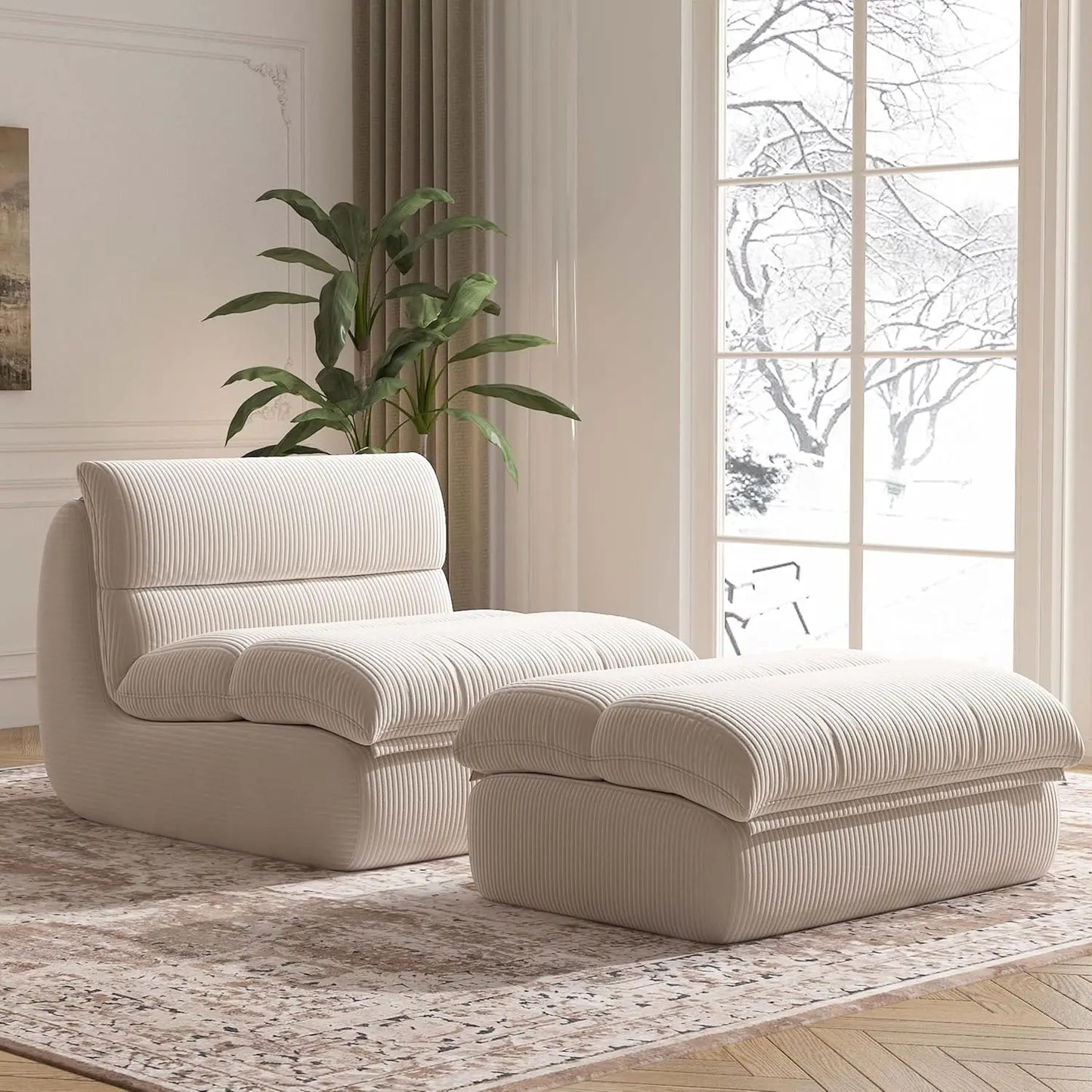 Corduroy Bean Bag Chair with Ottoman, Ultra Soft Reading Nook Seat for Adults, Living Room Bedroom Furniture
