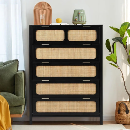 5 Drawer Tall Wooden/Rattan Chest Dresser