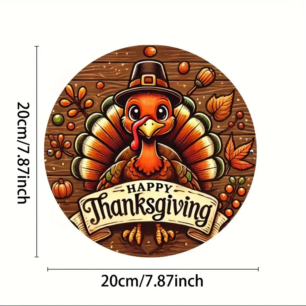 Happy Thanksgiving Aluminum Alloy Wall Art  with Whimsical Turkey, Autumn Leaves & Pumpkins Design - Home, Cafe, Bar Wall