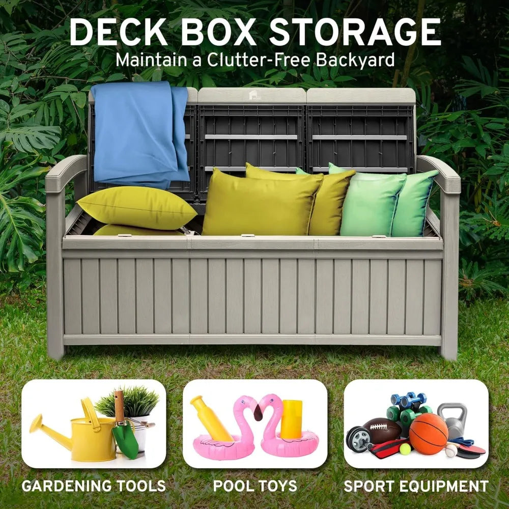 3 Seat Outdoor Storage Bench - 90 Gallon Capacity - Weatherproof Resin Bench for Patio, Porch, Garden, Yard, Pool Area