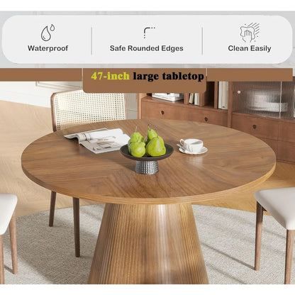 Round Dining Table for 4, Farmhouse Fluted Dining Kitchen Table, 47 Inch Modern Wood Small Circle Dining Table