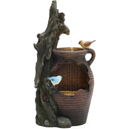 LuxenHome 30 Inch Tall Outdoor Water Fountain, Rustic Pot and Tree Trunk Cascading Waterfall Fountain Outdoor and Indoor with LE