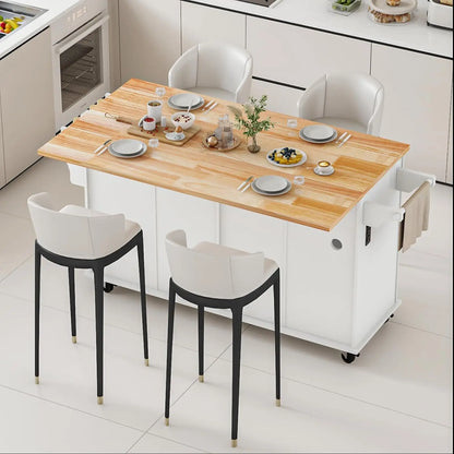 White Kitchen Island Cart with Wood Top Drop Leaf Wheels Drawer Storage Cabinet Spice Rack Towel Rack