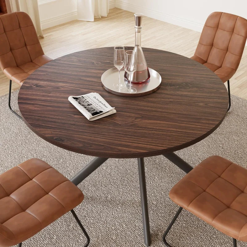 45.3 Inch Modern Round Dining Table for 4, Space-Saving Dinette with Carbon Steel Legs for Apartment(Walnut Table)