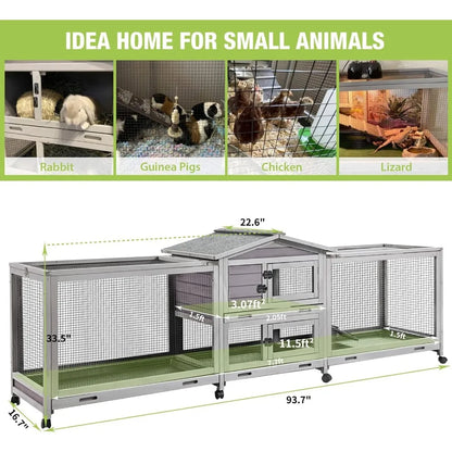 Rabbit Hutch Bunny Cage Indoor & Outdoor Rabbit Cage on Wheels, Large Guinea Pig Cage with 4 Deep No Leakage Pull Out Trays - 93