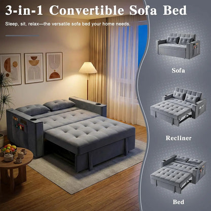 Pull Out Couch Bed, 3-in-1 Velvet Convertible Loveseat Sleeper Sofa for Small Space (Light Gray) | Adjustable, Customized