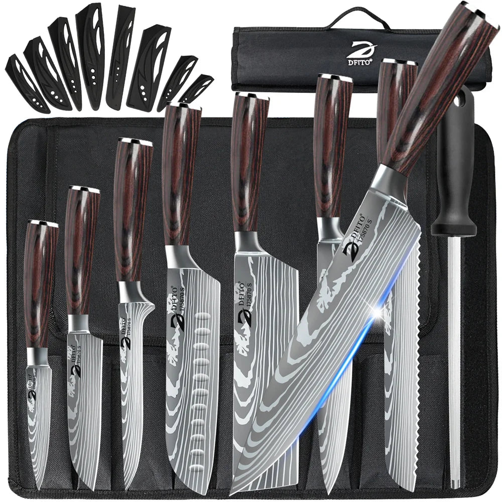 8pcs Kitchen Knife Damascus Stainless Steel Chef Knife Utility Paring Boning Cleaver Slicing Santoku Knives Nylon Bag