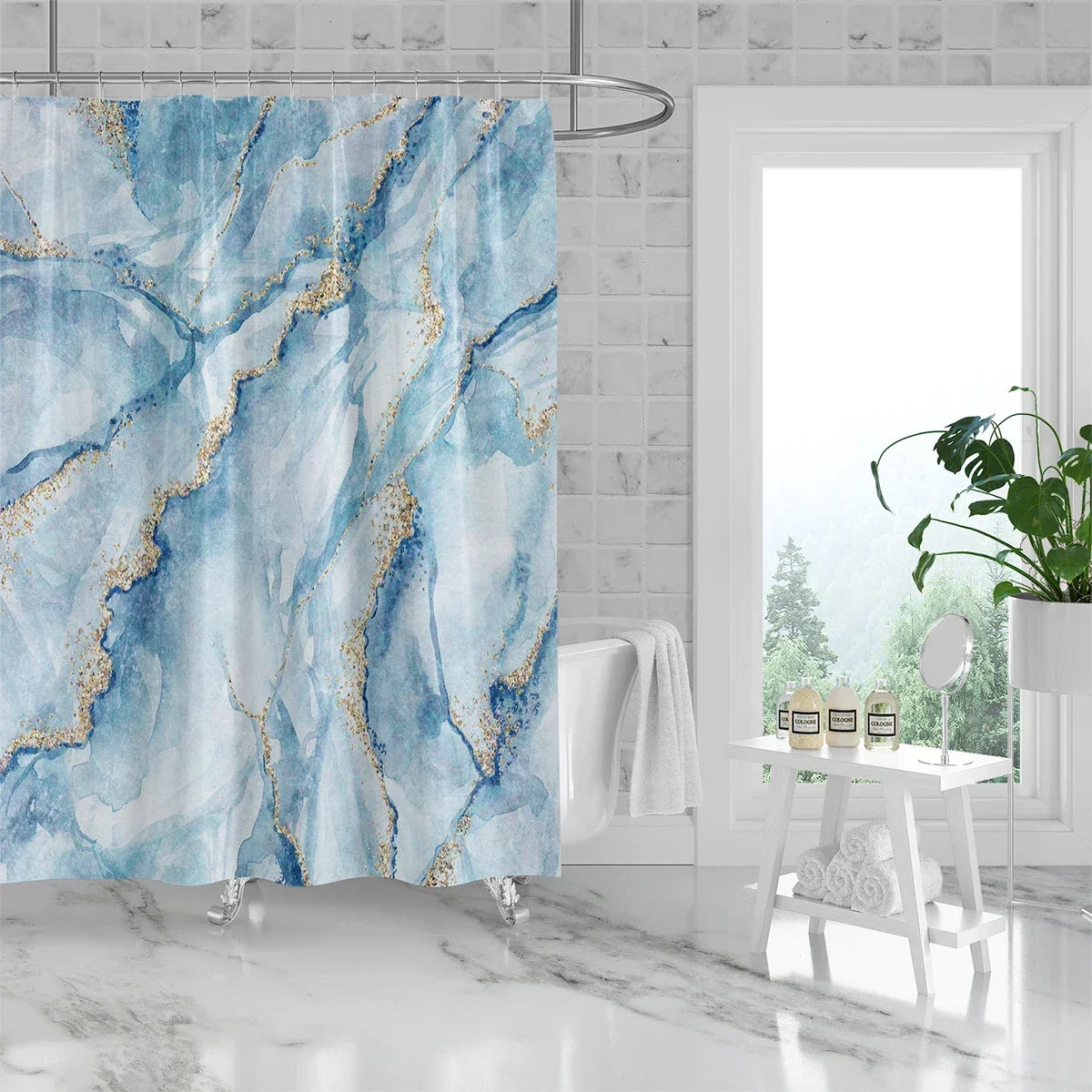 1 piece of 180x180cm blue marble pattern digital printing shower curtain partition bathroom waterproof and mold resistant