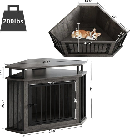 44" Corner Dog Crate with 2-Tier Shelves, Wooden Kennel Furniture for TV Stand, Indoor Pet Enclosure for Small/Medium Dogs
