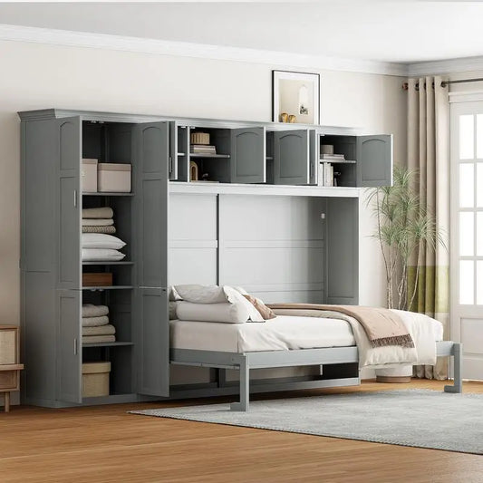 Gray Queen Murphy Bed with Cabinets, Space-Saving Wall Bed for Dual Functionality