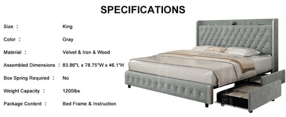 Queen LED Bed Frame with Galaxy Projector, Bluetooth Speaker, USB Ports, 4 Drawers, No Box Spring Needed