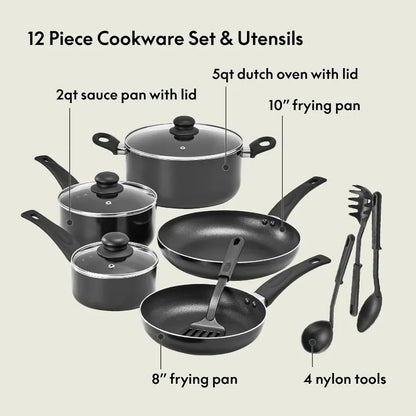 12 Piece Pots and Pans Utensils Nonstick PFOA Free Scratch Resistant Cooking Surface Compatible Nylon Aluminum