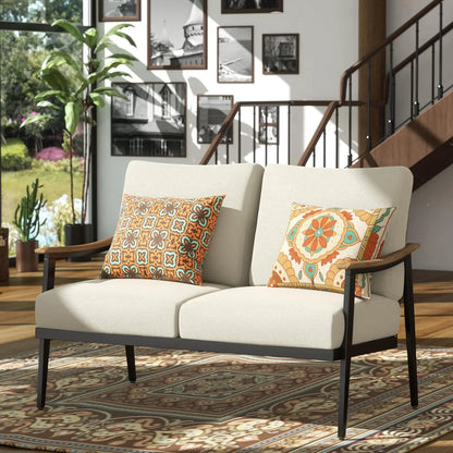 Patio Loveseat Sofa Furniture Metal Chair with Wicker Backrest & 6 Inches Cushion for Indoor, 51.77"(L) x 29.75"(W) x 33.86"(H).