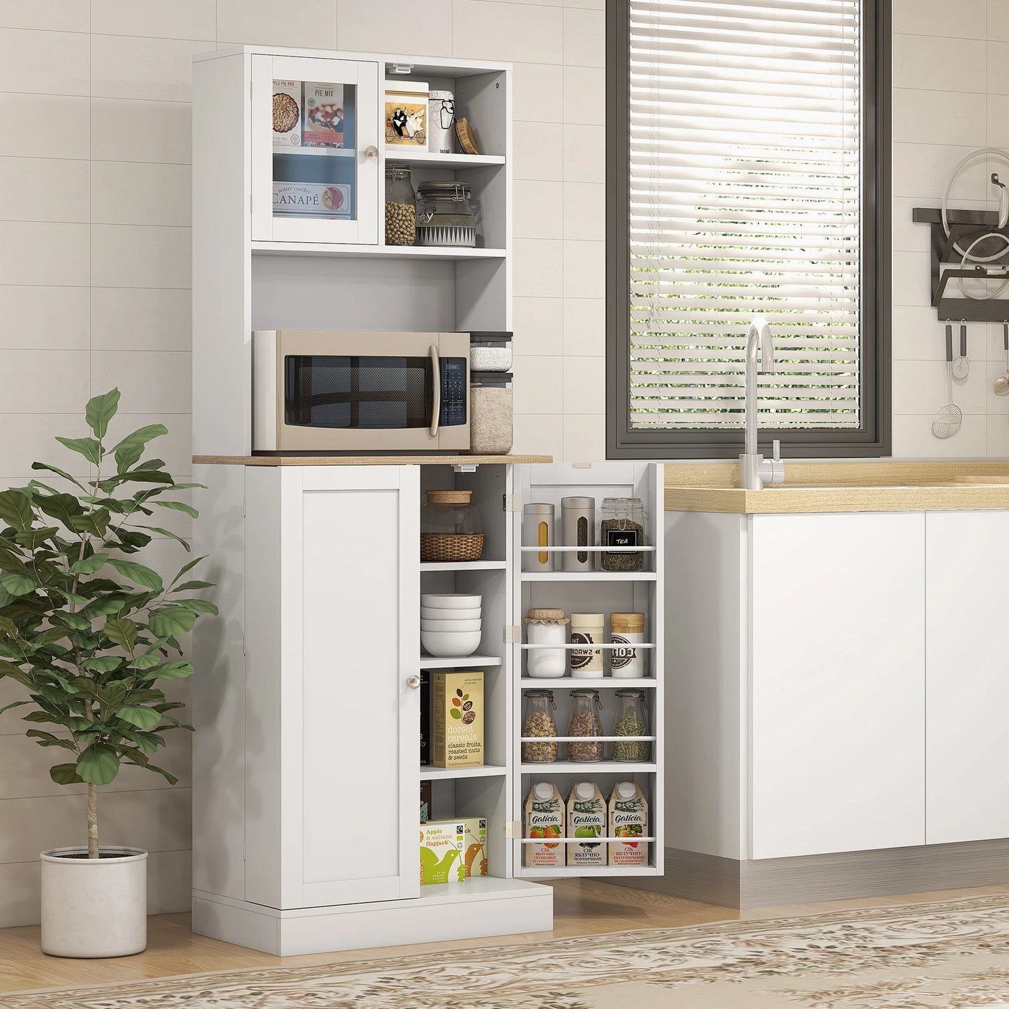 66.5" Tall Kitchen Pantry Storage Cabinet with Microwave Stand White