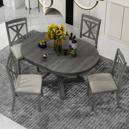 5-Piece Retro Functional Dining Table Set Extendable Round Table and 4 Upholstered Chairs for Dining Room and Living Room (Grey)