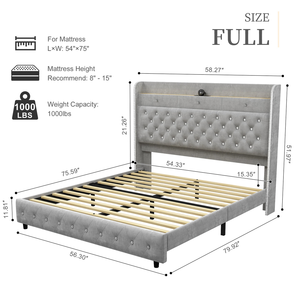 Queen Velvet Upholstered Platform Bed Frame with Galaxy Star Projector & Charging Station, 52" Ultra-Tall Crystal Button Tufted Headboard, Luxury Storage Bed, Noise-Free Design, No Box Spring Needed, Easy Assembly