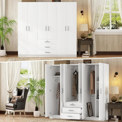 Large Wardrobe Closet 6 Doors, 70.9" W Wooden Wardrobe Cabinet with Big Drawers, Bedroom Armoire Dresser Wardrobe Clothes Organi