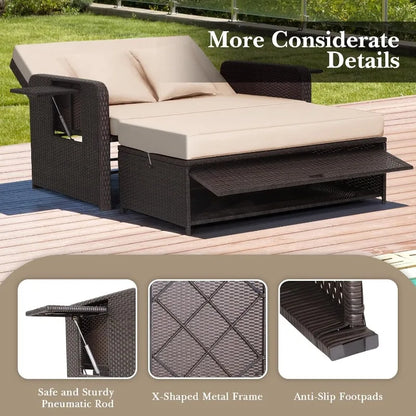 Patio Rattan Daybed, Patiojoy Wicker Loveseat Sofa w/Multipurpose Ottoman & Retractable Side Tray, 4-Level Adjustable B