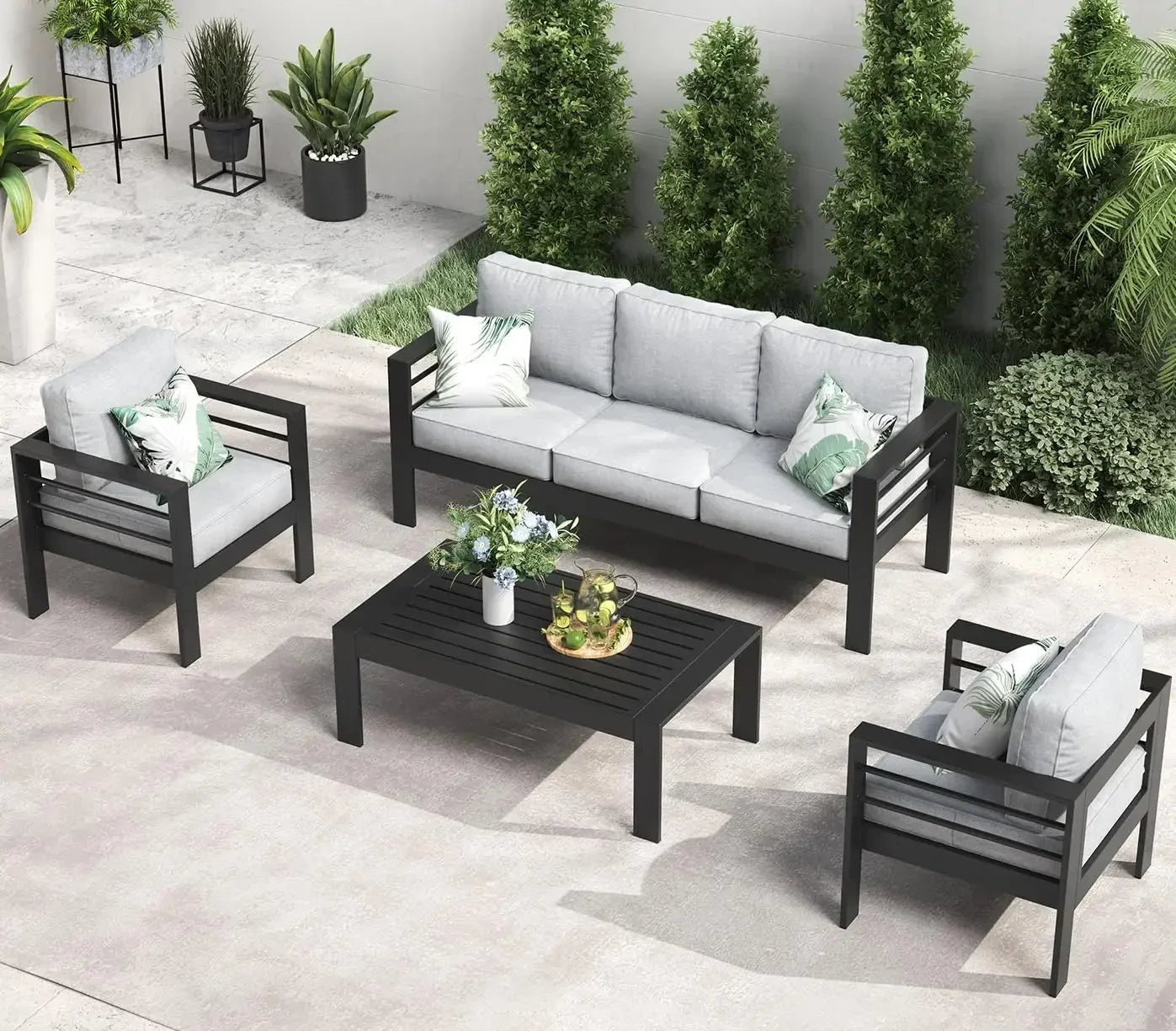RPD4-QLayinSun Aluminum Furniture with Fire Pit Table. 5 Pieces Patio Sectional Conversation Chat Sofa Modern Seating Set