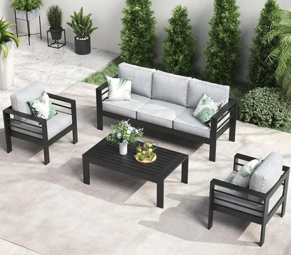 RPD4-QLayinSun Aluminum Furniture with Fire Pit Table. 5 Pieces Patio Sectional Conversation Chat Sofa Modern Seating Set