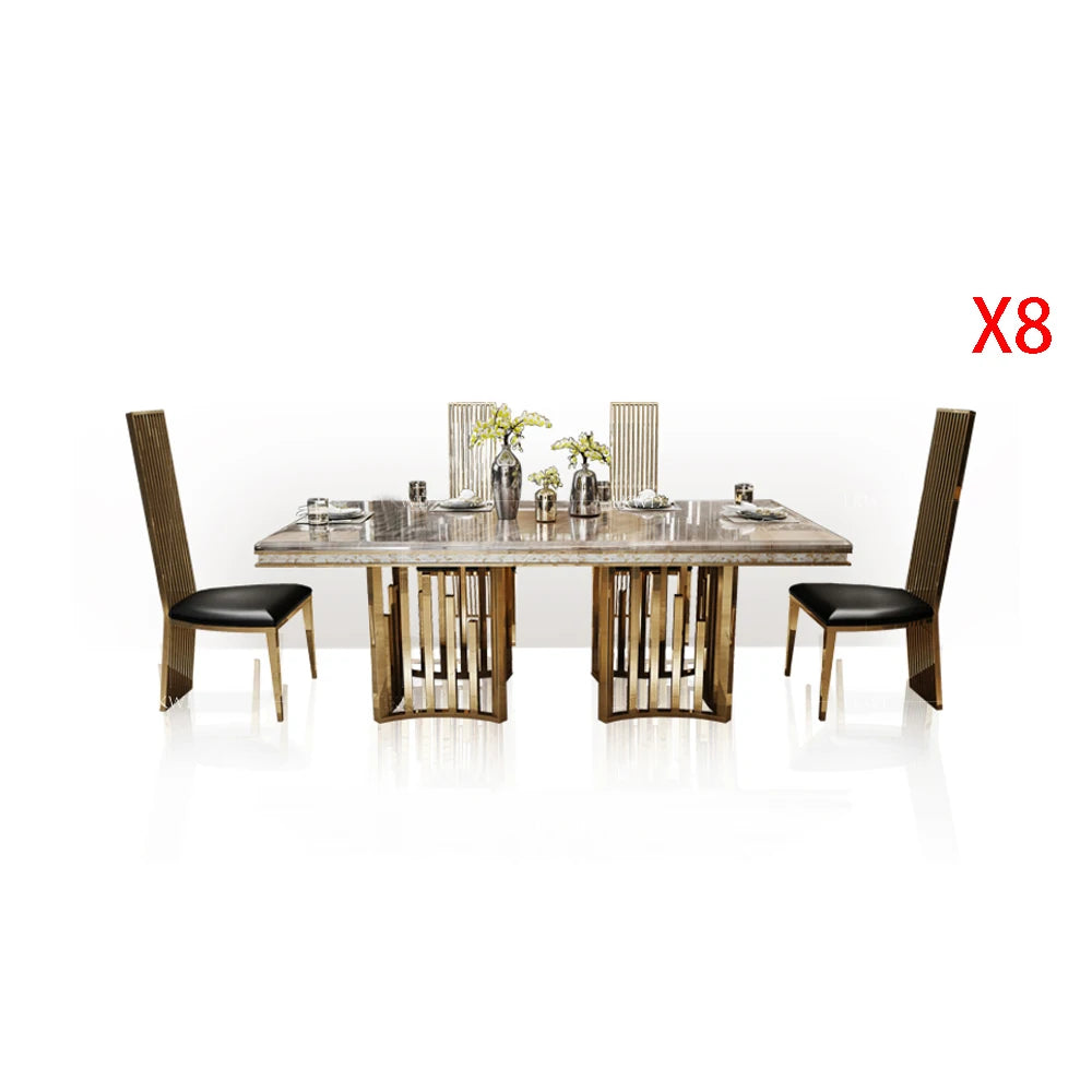 Luxury Marble Dining Table Set with Gold Stainless Steel Frame, Dining Room Table with Sea Shell and High-Back Chairs