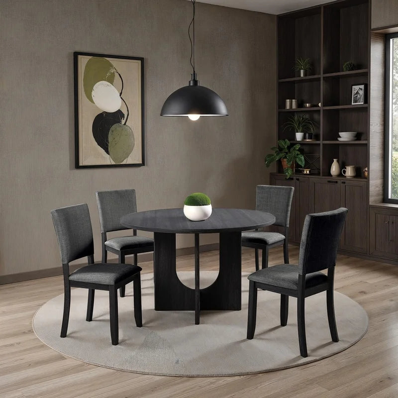 Contemporary 5-Piece Dining Set, Dark Gray Upholstered Fabric Chairs, Round Pedestal Table, 4 Side Chairs, Kitchen Dinette, Dining Room Furniture