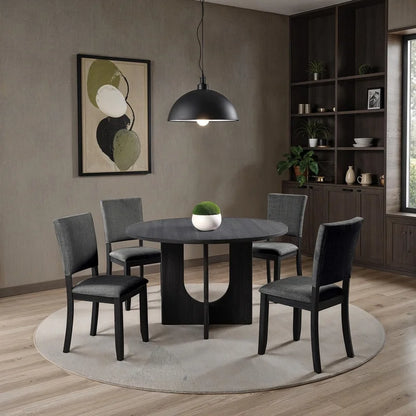 Contemporary 5-Piece Dining Set, Dark Gray Upholstered Fabric Chairs, Round Pedestal Table, 4 Side Chairs, Kitchen Dinette, Dining Room Furniture