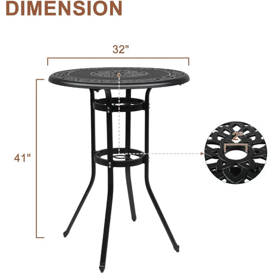 Cast Aluminum Bar Height Patio Table with Umbrella Hole - Tall Outdoor Bistro Table, 32" Dia x 41" H (Black)