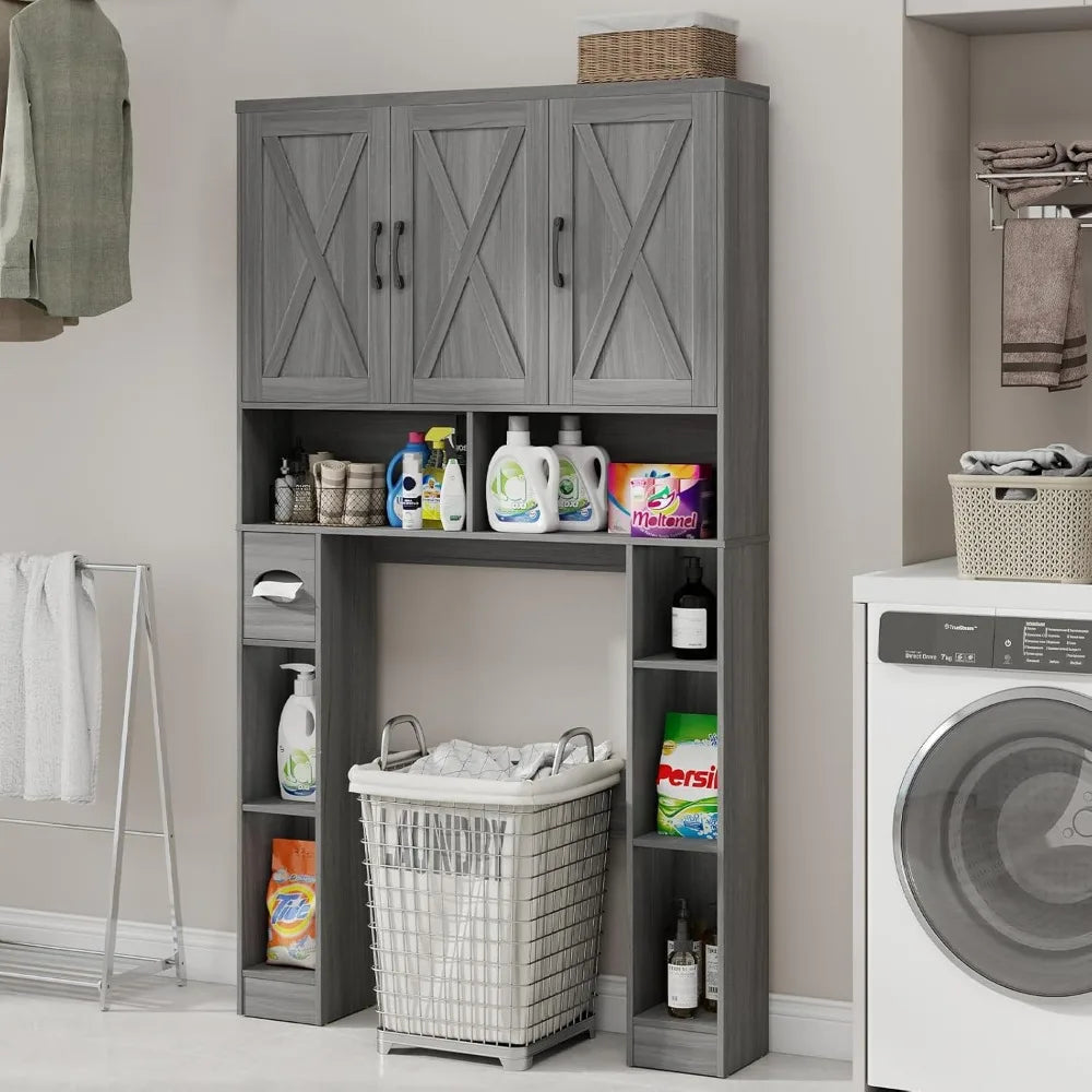 Over The Toilet Storage Cabinet, Farmhouse Toilet Cabinet Rack with 3 Barn Doors, Space Saving Bathroom Organizer with Shelves,