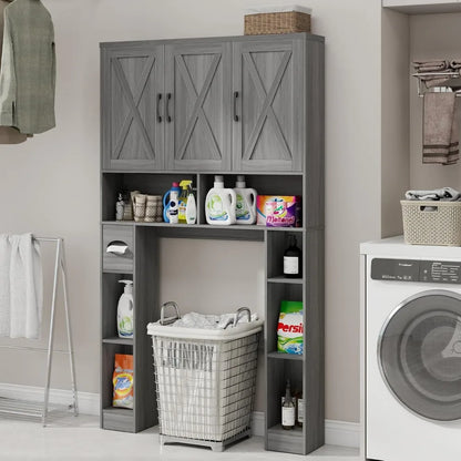 Over The Toilet Storage Cabinet, Farmhouse Toilet Cabinet Rack with 3 Barn Doors, Space Saving Bathroom Organizer with Shelves,