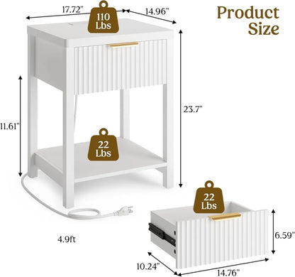 Modern White Nightstand with Charging Station, Fluted Bedside Table with Drawer, Wood End Table for Bedroom, Space Saving