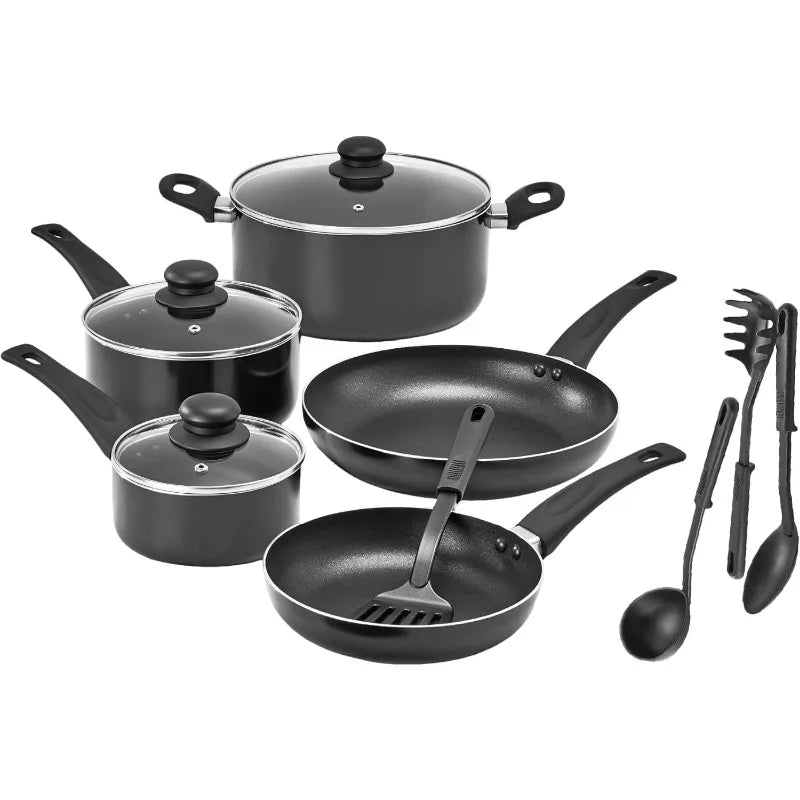 12 Piece Pots and Pans Utensils Nonstick PFOA Free Scratch Resistant Cooking Surface Compatible Nylon Aluminum