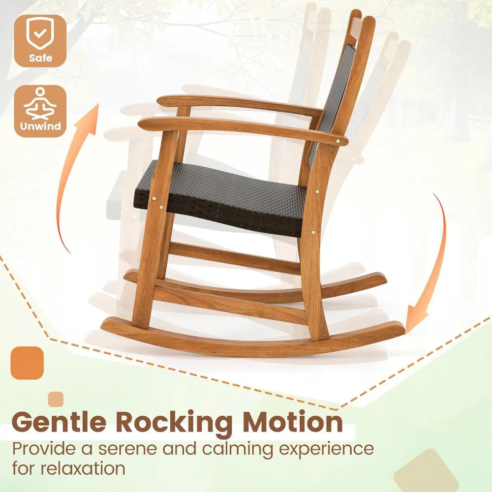 Patio Rocking Chair Set ,3 pieces Patiojoy Acacia Wood Rocker with Side Table, Outdoor Chairs with Wicker Rattan Seat & Backres
