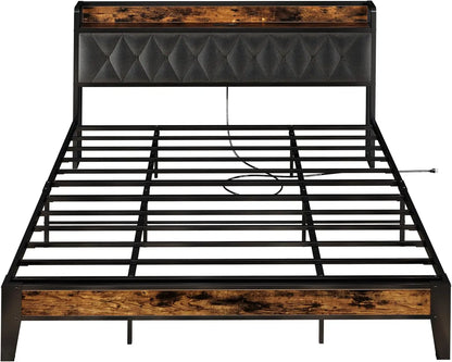 Twin/TwinXL/Full/Queen/King/ Bed Frames, Storage Headboard with Outlets, No Noise, No Box Springs Needed
