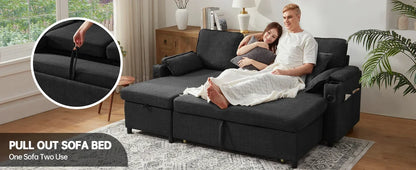 Sleeper Sofa Pullout Bed for Living Room.L Shaped Couch with Storage Chaise.USB.Cup Holder (Dark G