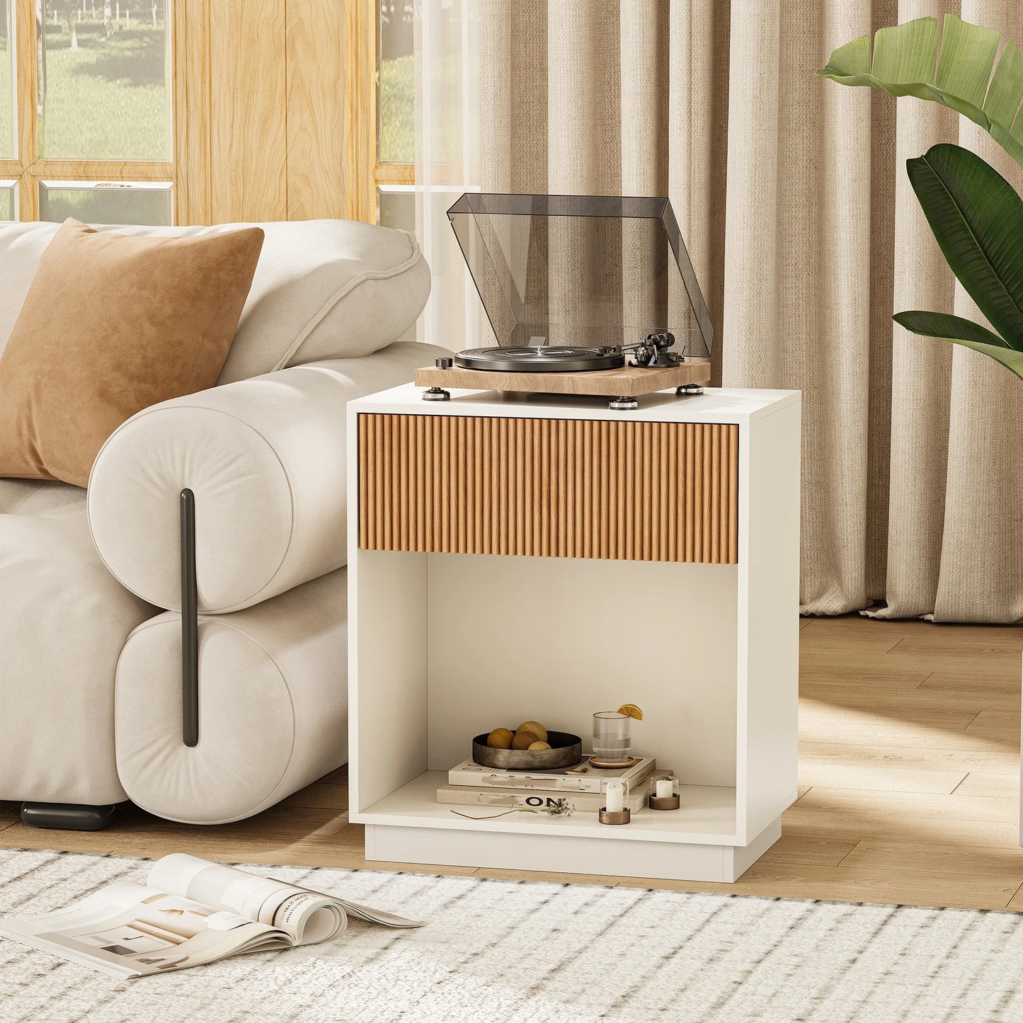 Fluted Nightstands Set Of 2, Modern Mid - Century Wood Bedside Table With Drawer & Open Storage Shelf, End Table For Bedroom, Li