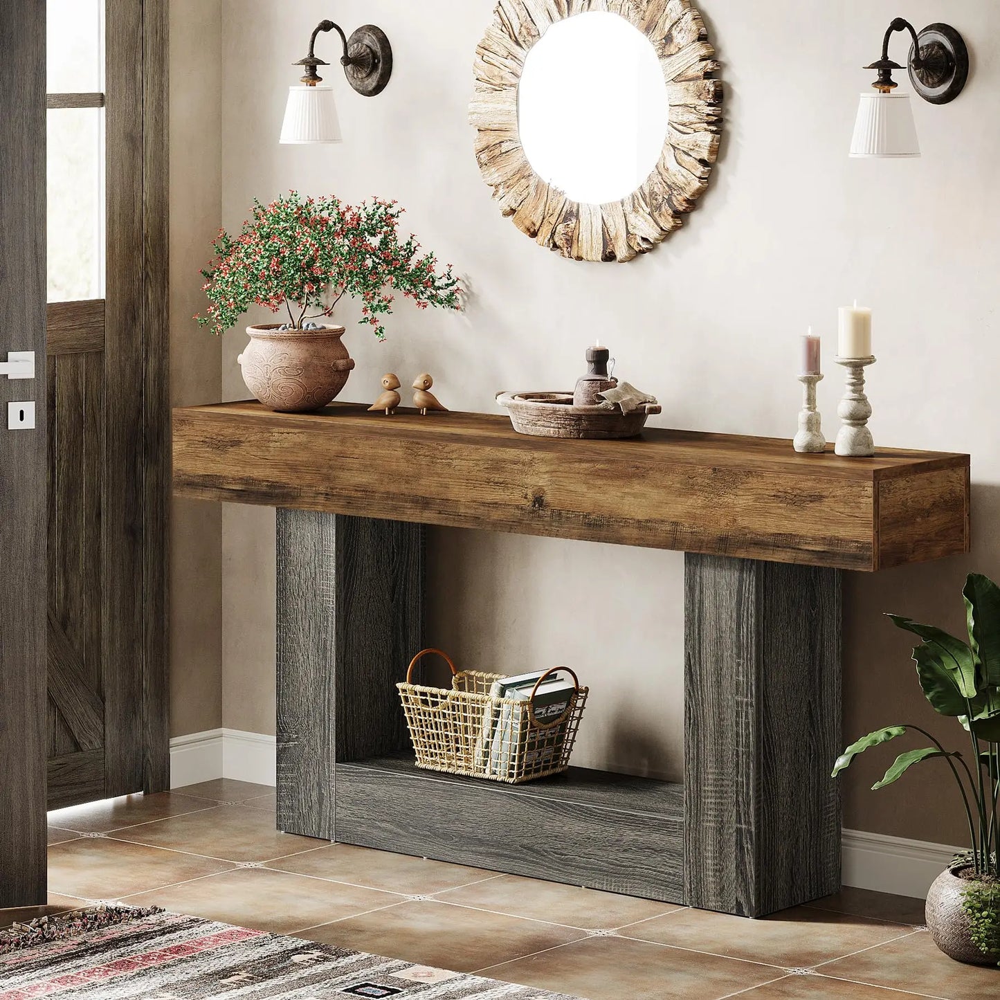 63" Console Table, Farmhouse 2-Tier Entryway Table with U-Shaped Base, Narrow Long Wood Sofa Table Behind Couch Table