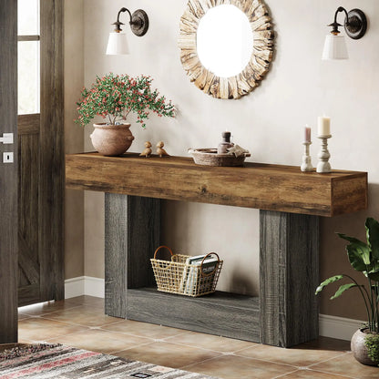 63" Console Table, Farmhouse 2-Tier Entryway Table with U-Shaped Base, Narrow Long Wood Sofa Table Behind Couch Table