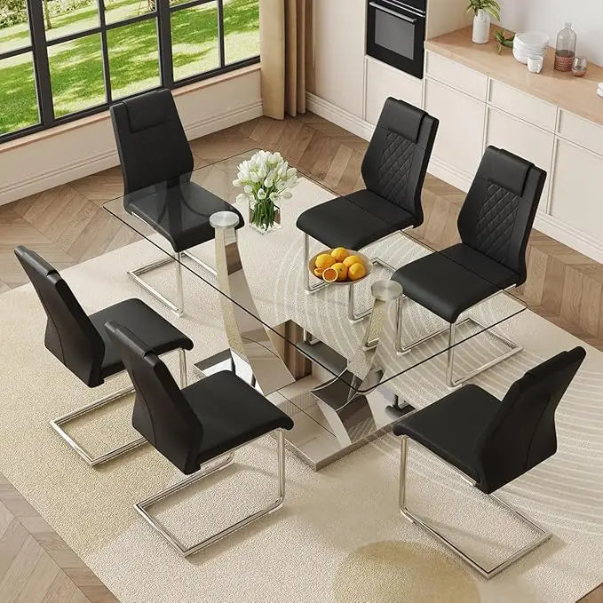 Glass Dining Table Set for 6, Modern Kitchen Table Set for 6, 71" Tempered Glass Tabletop with U-Shaped Gold Base, 7 Ppiece