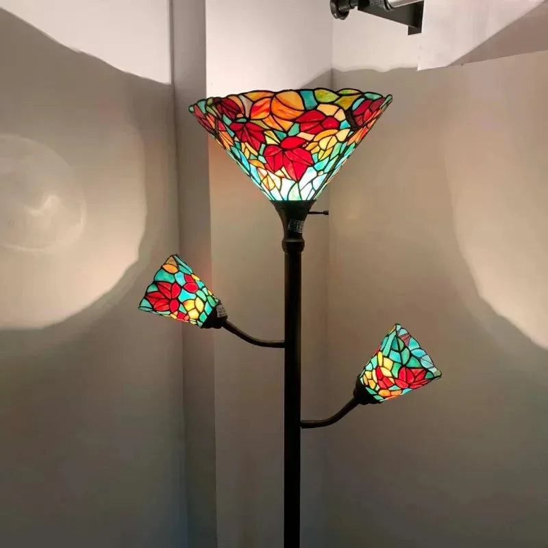 QWMaple Tree Leaves Tiffany Style Stained Glass Torchiere Floor Lamp with Sidelights 70-inches Tall