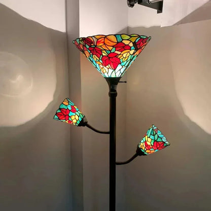 QWMaple Tree Leaves Tiffany Style Stained Glass Torchiere Floor Lamp with Sidelights 70-inches Tall