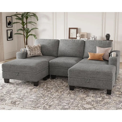 Small  Modular Sectional Couches  U Shaped Couch with Cup Holder Light Grey Couch