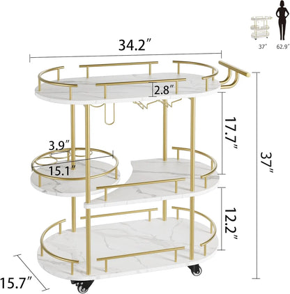 Gold Bar Carts with 4-Tiers Storage Shelves Mobile Bar Seving Carts On Wheels with Wine Rack and Glass Holder