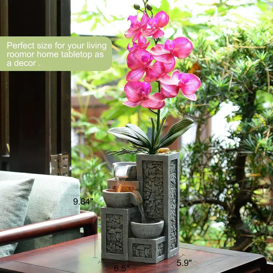 Indoor Tabletop Water Fountain 3Tier Resin Waterfall with LED Lights, Mini Bonsai Planter amp Cascading Water Flow Soothing Desk